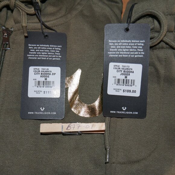 True Religion Men's 2 PC Sweatsuit Fleece Tracksuit Matching Outfit Olive Green - Picture 9 of 11